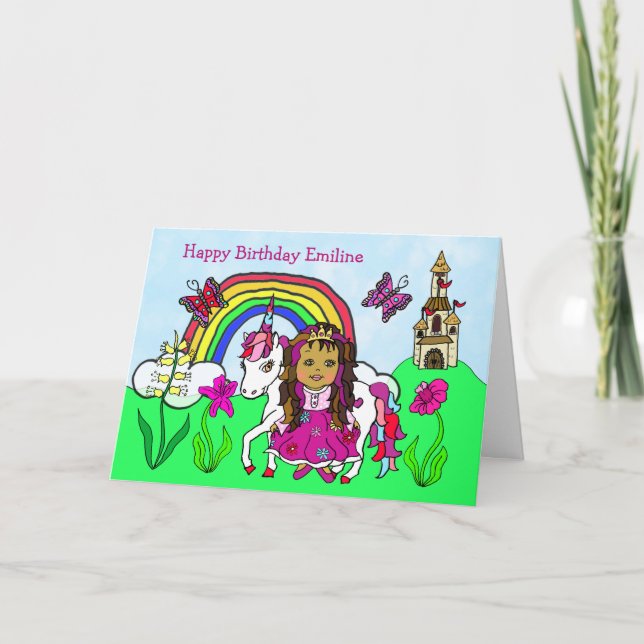 Tarjeta Cumpleaños personalizado de Unicornio y Princesa (Anverso)