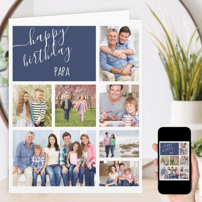 Tarjeta Cumpleaños personalizado del Collage de fotos azul (Subido por el creador)