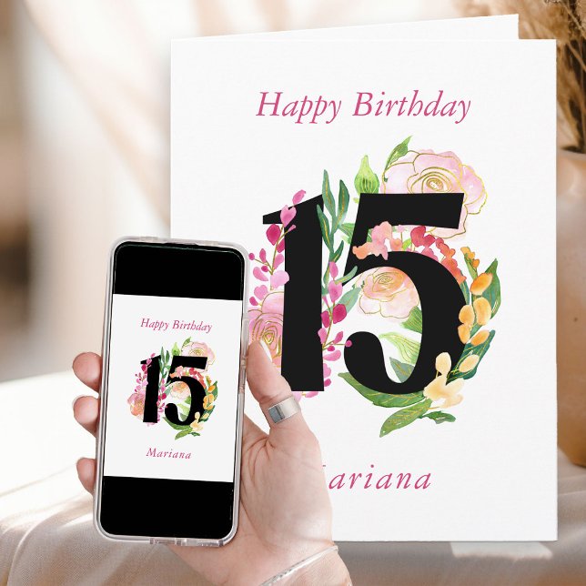 Tarjeta Cumpleaños Personalizado Número 15 Floral Chic (15th Birthday Card with number 15 from my Floral Chic Quinceanera Collection
)