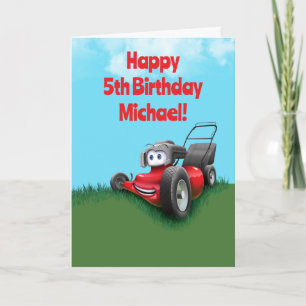 Tarjeta Cumpleaños personalizado para niños cortando céspe