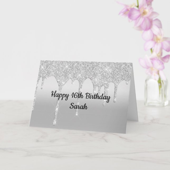 Tarjeta Cumpleaños Personalizado Plateado con Brillo que C (Orquídea)
