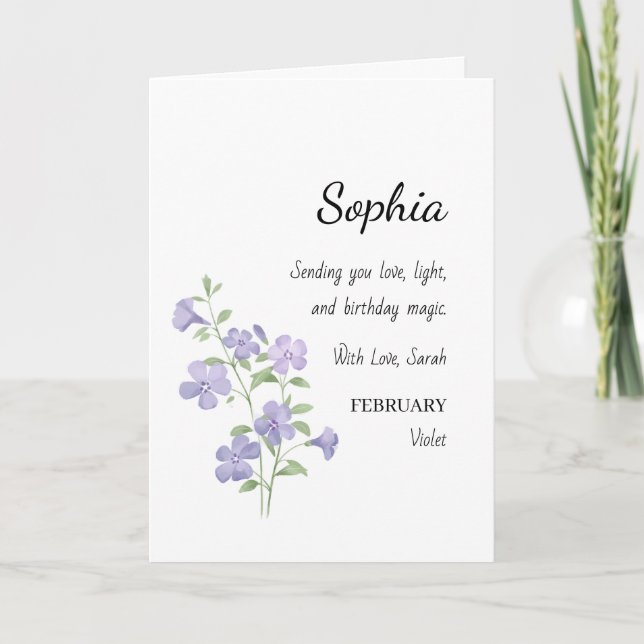 Tarjeta Cumpleaños Personalizado Violeta de Febrero (Anverso)
