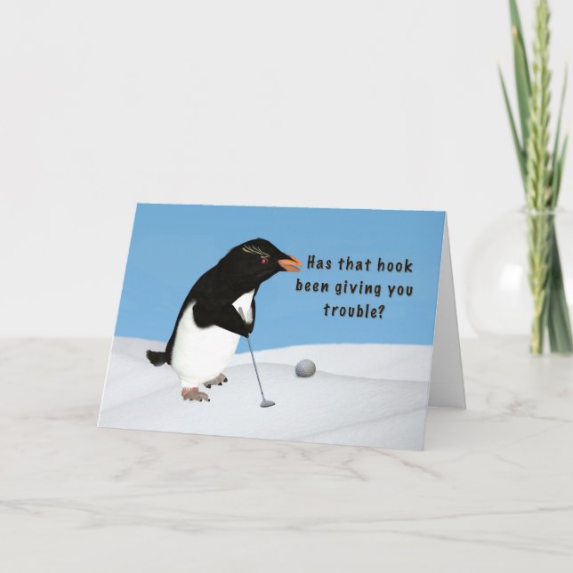 Tarjeta Cumpleaños, Pingüino humorístico jugando golf (Anverso)
