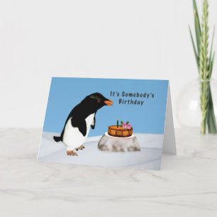 Tarjeta Cumpleaños, pingüino humorístico y pastel