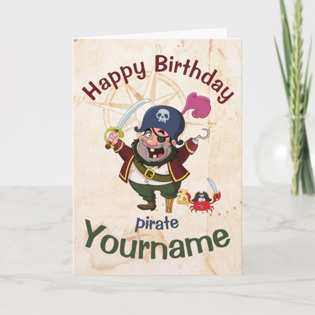Tarjeta Cumpleaños Pirata Brillante Alegre Cómic (Anverso)