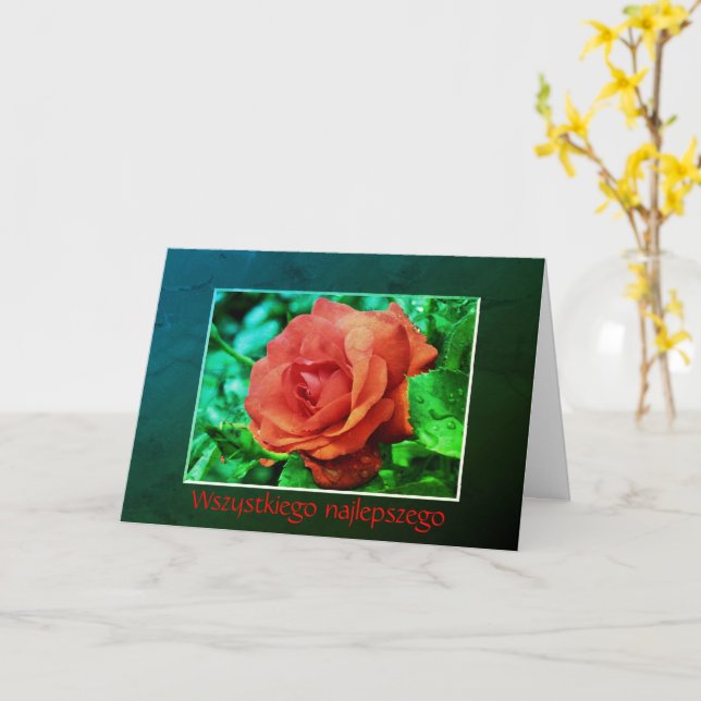Tarjeta Cumpleaños polaco Sto Lat Red Rose Floral (flor amarilla)