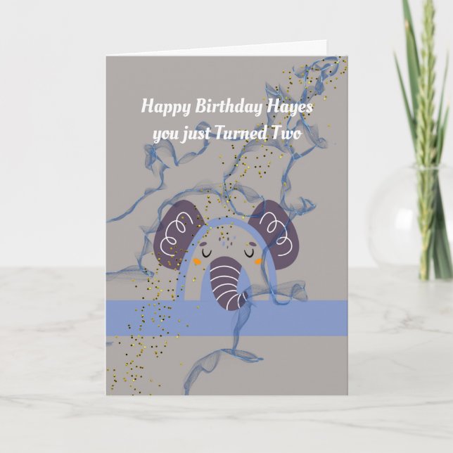 Tarjeta Cumpleaños por dos años. Niño viejo con elefante (Anverso)