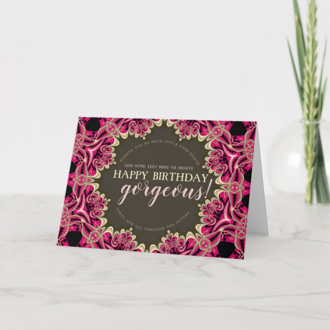 Tarjeta Cumpleaños Precioso Fractal de Encaje Rosa Calient (Anverso)