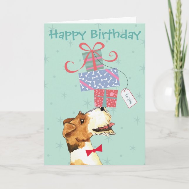 Tarjeta Cumpleaños presenta Wire Fox Terrier (Anverso)