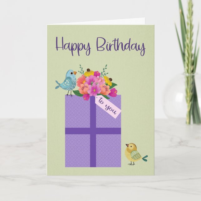 Tarjeta Cumpleaños presente con aves y flores (Anverso)