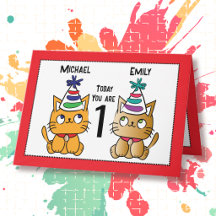 Cumpleaños Primero Gato Lindo Dibujo Animado Gemel