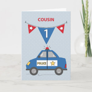 Tarjeta Cumpleaños primo 1er coche de policía azul