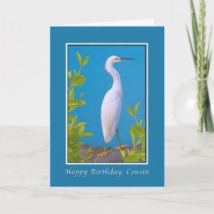 Tarjeta Cumpleaños, primo, pájaro del Egret nevado