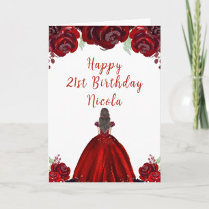 Tarjeta Cumpleaños Princesa Cabello Castaño Flores Rojos F
