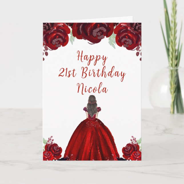 Tarjeta Cumpleaños Princesa Cabello Castaño Flores Rojos F (Anverso)