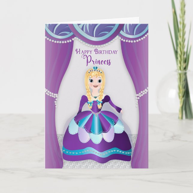 Tarjeta Cumpleaños, princesa vestida con traje morado y az (Anverso)