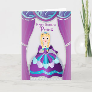 Tarjeta Cumpleaños, princesa vestida con traje morado y az