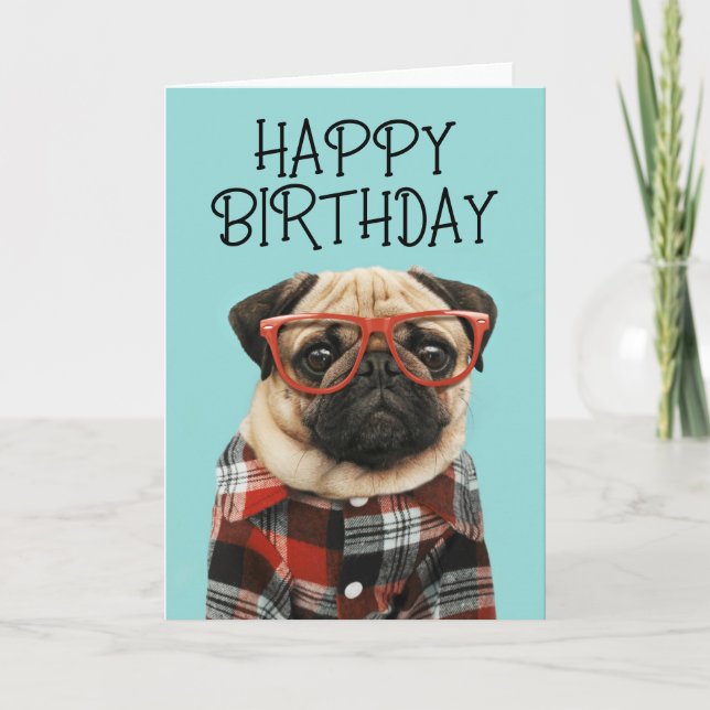 Tarjeta Cumpleaños | Pug de camiseta de plástico (Anverso)
