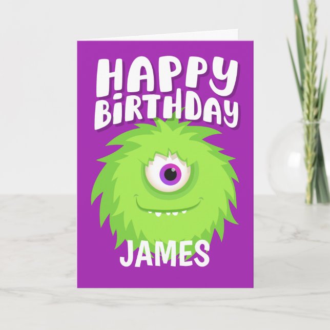 Tarjeta Cumpleaños Púrpura de Furry Monster (Anverso)