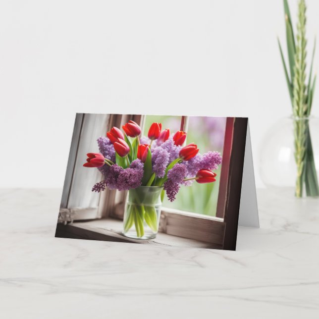 Tarjeta Cumpleaños Red Tulip y Lilac Bouquet (Anverso)