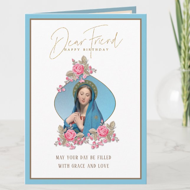 Tarjeta Cumpleaños Religioso Amigo Virgen María Rosas (Subido por el creador)