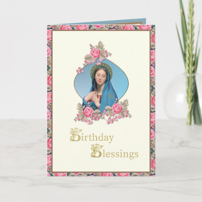 Tarjeta Cumpleaños Religioso Católico Rosas Virgen María (Anverso)