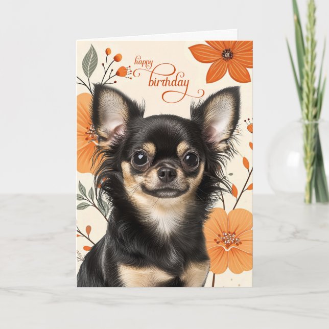 Tarjeta Cumpleaños Retro Audaz Perro Chihuaua de Pelo Larg (Anverso)