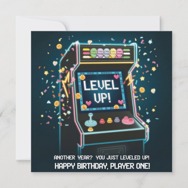 Tarjeta Cumpleaños Retro Con Temas De Arcada - "¡Levántate (Anverso)
