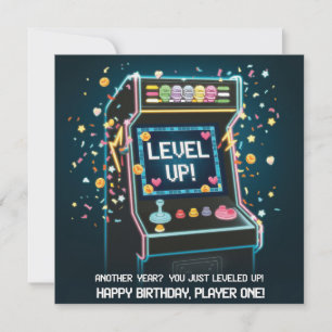 Tarjeta Cumpleaños Retro Con Temas De Arcada - "¡Levántate