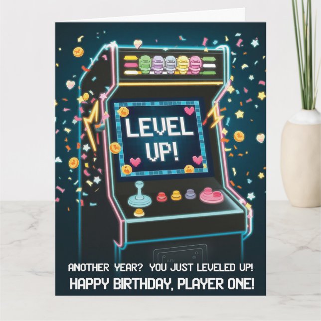 Tarjeta Cumpleaños Retro Con Temas De Arcada - "¡Levántate (Anverso)
