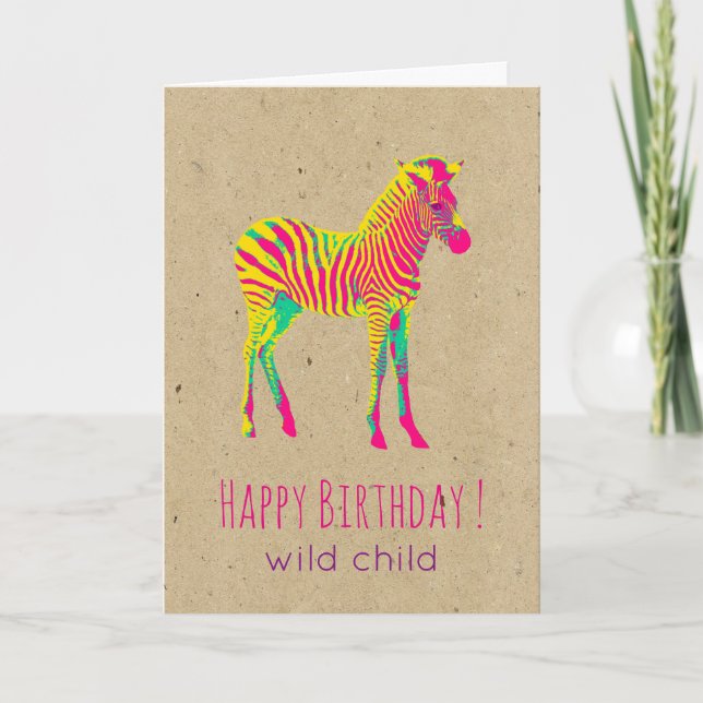Tarjeta Cumpleaños Retro Psicodélico Funky de Cebra Bebé N (Anverso)