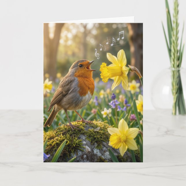 Tarjeta Cumpleaños Robin Cantando a un Narciso (Anverso)