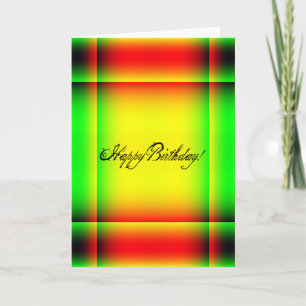 Tarjeta Cumpleaños, rojo, verde, y amarillo abstractos