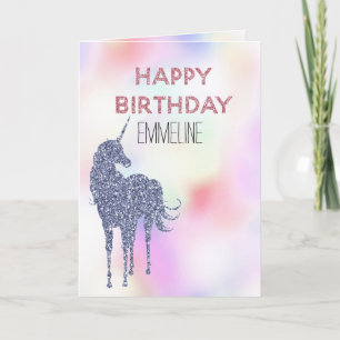 Tarjeta Cumpleaños rosa Unicornio, Purpurina púrpura
