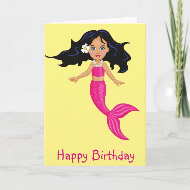 Tarjeta Cumpleaños rosado del arte del chica de la sirena (Anverso)