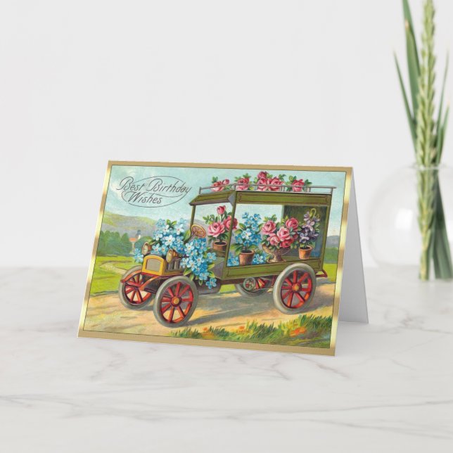 Tarjeta Cumpleaños rosado del coche de las nomeolvides de (Anverso)
