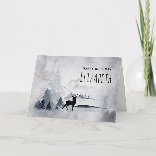 Tarjeta Cumpleaños Rústico Gris Acuarela Reno de Invierno (Anverso)