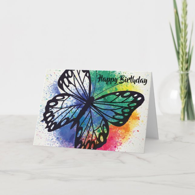 Tarjeta Cumpleaños salpicado pintura de la mariposa de la (Anverso)