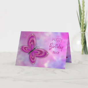 Tarjeta Cumpleaños, sobrina, mariposa rosada glitzy