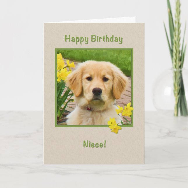 Tarjeta Cumpleaños, sobrina, perro del golden retriever, (Anverso)