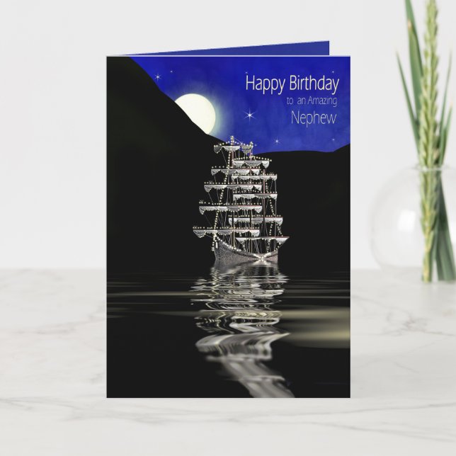 Tarjeta Cumpleaños, sobrino, barco con velas, noche (Anverso)