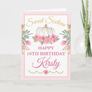 Tarjeta Cumpleaños Sweet 16 Watercolor Pink Pumpkin Gold