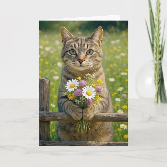 Tarjeta Cumpleaños Tabby Cat Con Bouquet De Flor Silvestre (Anverso)