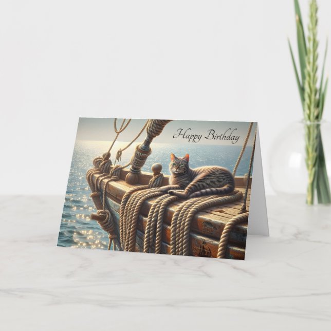 Tarjeta Cumpleaños Tabby Cat Sobre Las Rutas Náuticas (Anverso)