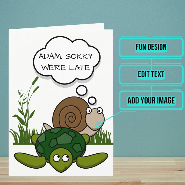 Tarjeta Cumpleaños tardado: Caracol Personalizado y tortug (This adorable belated sentimental card features a cartoon turtle and snail.)