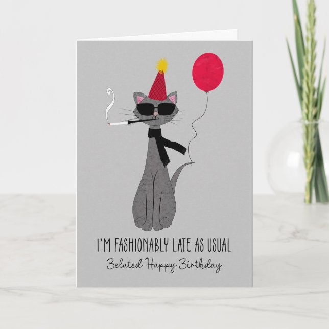 Tarjeta Cumpleaños Tarde Gato Fashionable (Anverso)
