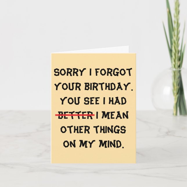 Tarjeta cumpleaños tardío y humorístico (Anverso)