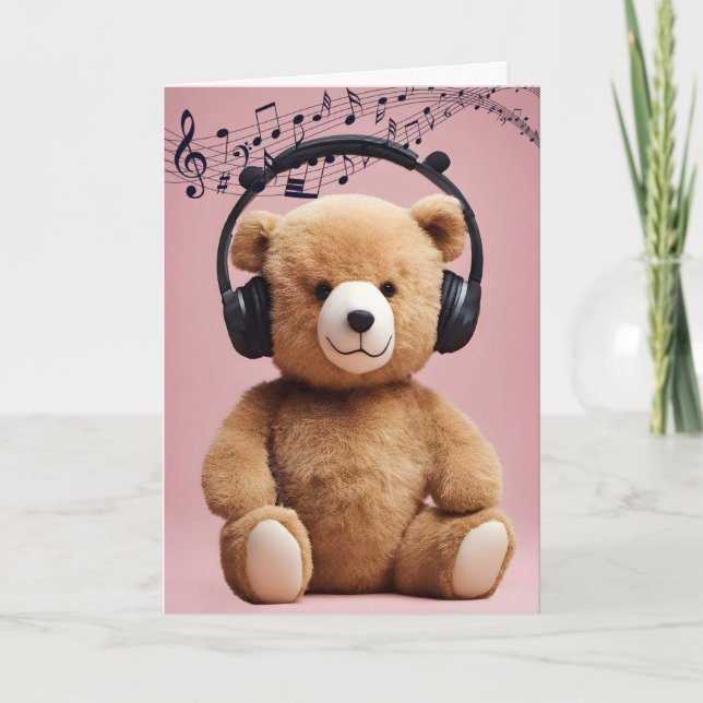 Tarjeta Cumpleaños Teddy Bear Con Auriculares (Anverso)
