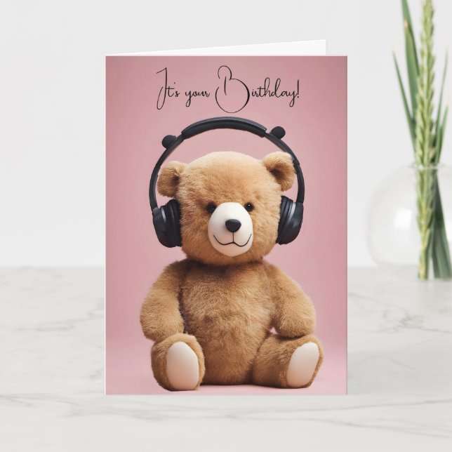 Tarjeta Cumpleaños Teddy Bear Con Auriculares (Anverso)