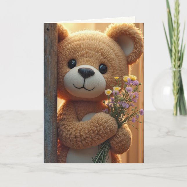 Tarjeta Cumpleaños Teddy Bear Con Bouquet De Flor Silvestr (Anverso)